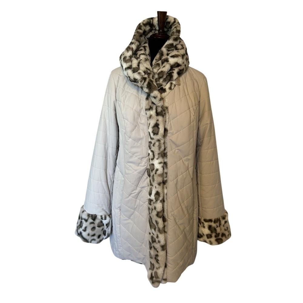 NWT Dennis Basso Reversible Hooded Faux Fur Animal Print Coat Size Large
